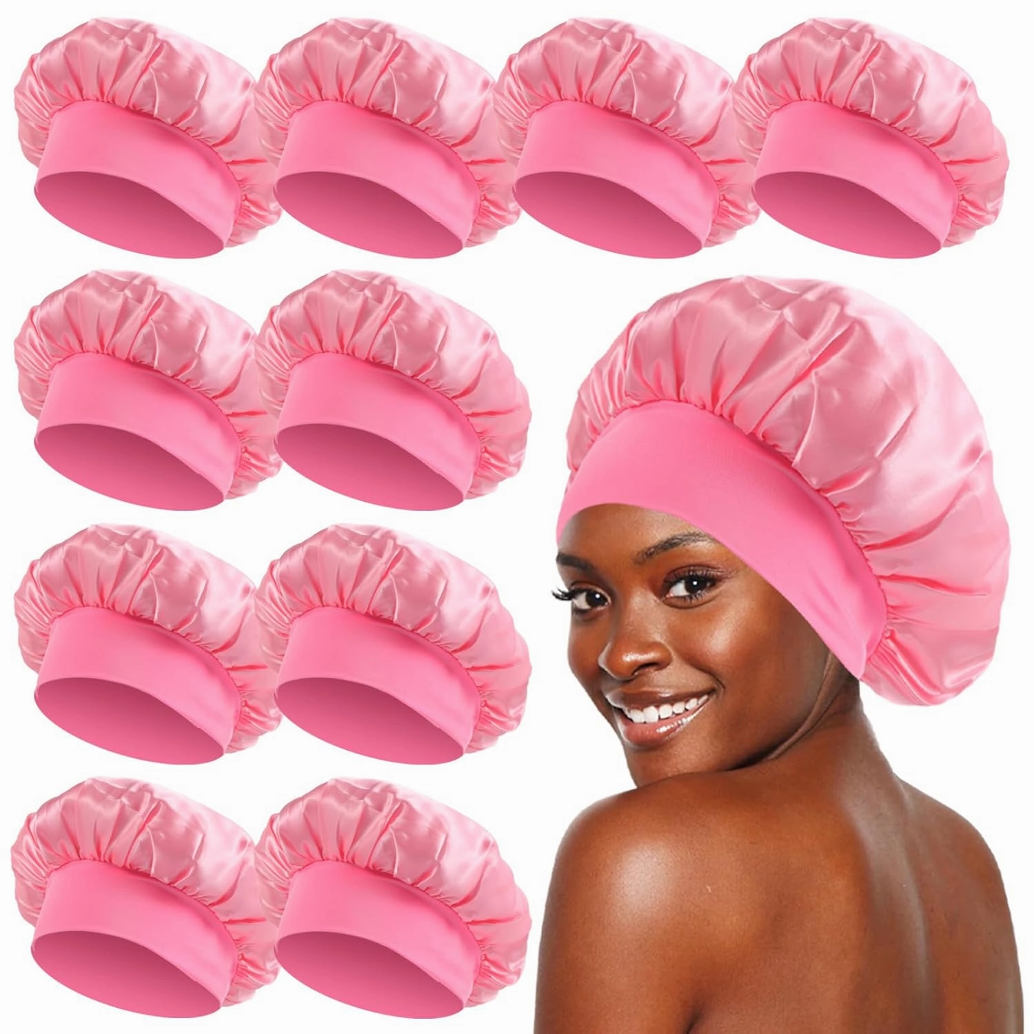 KEPUWAY 10 Pcs Bonnet for Sleeping, Superior Silky Satin Bonnet Hair with Elastic Wide Band for Women(Designed for PINK Fans) shower cap