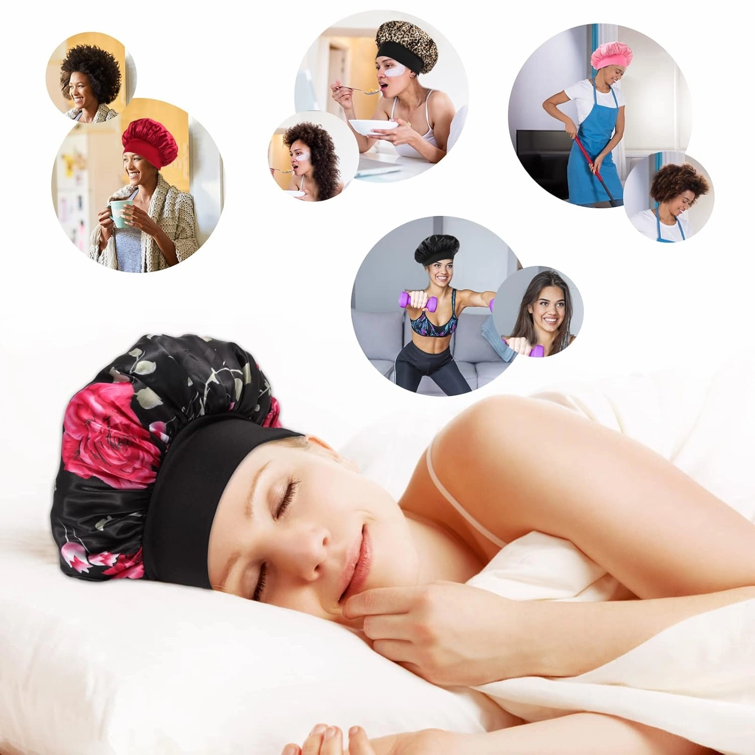 KEPUWAY 10 Pcs Bonnet for Sleeping, Superior Silky Satin Bonnet Hair with Elastic Wide Band for Women(Designed for PINK Fans) shower cap