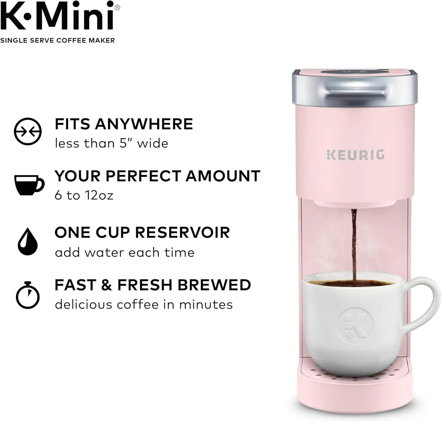 Keurig K-Mini Single Serve K-Cup Pod Coffee Maker, 6 to 12oz Brew size, with Cord Storage, Perfect for Small Spaces, Dusty Rose