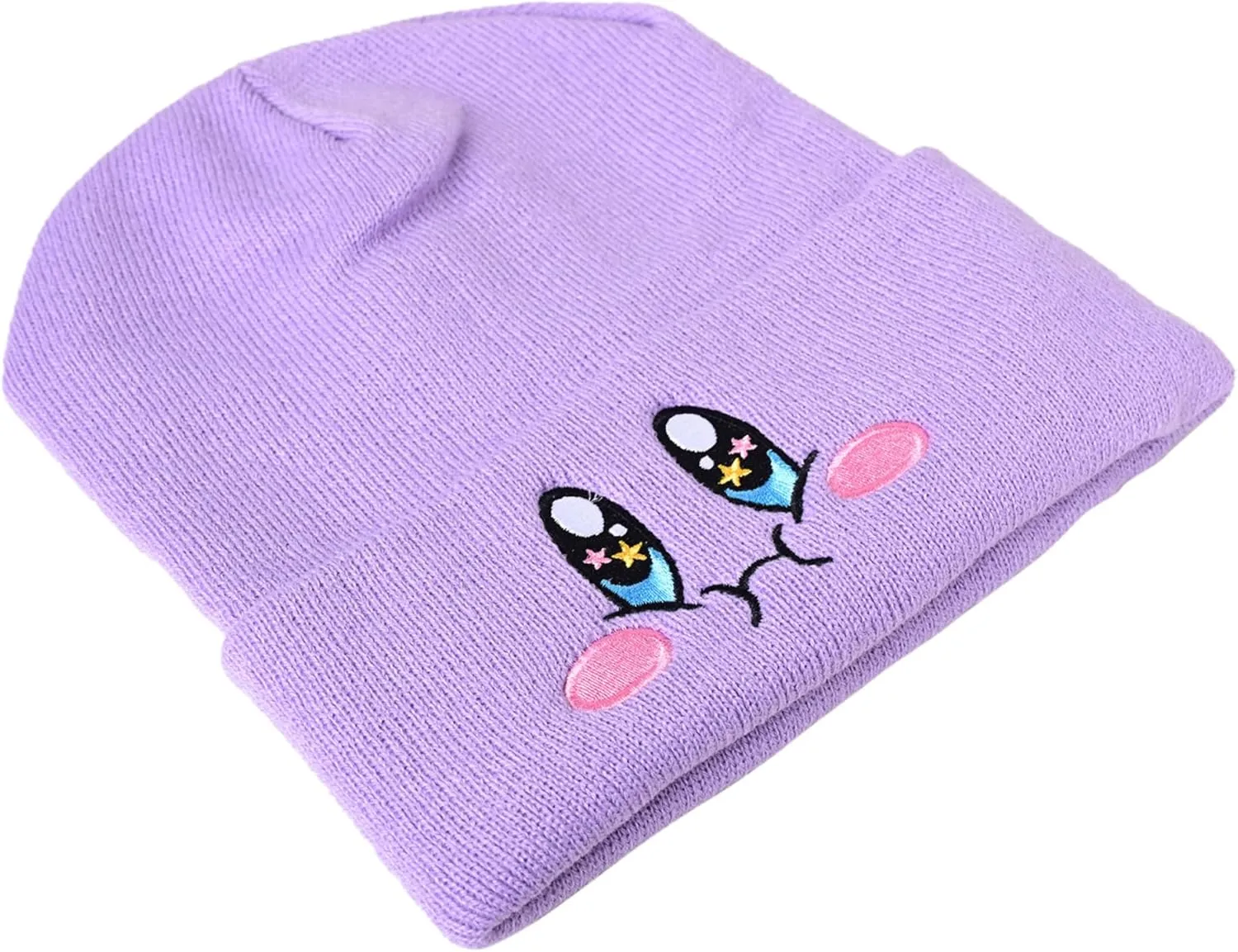 Kid-by Satin Lined Knit Beanie Cute Anime Hat with Embroidered Face, Acrylic with Silk Lining for Women & Men