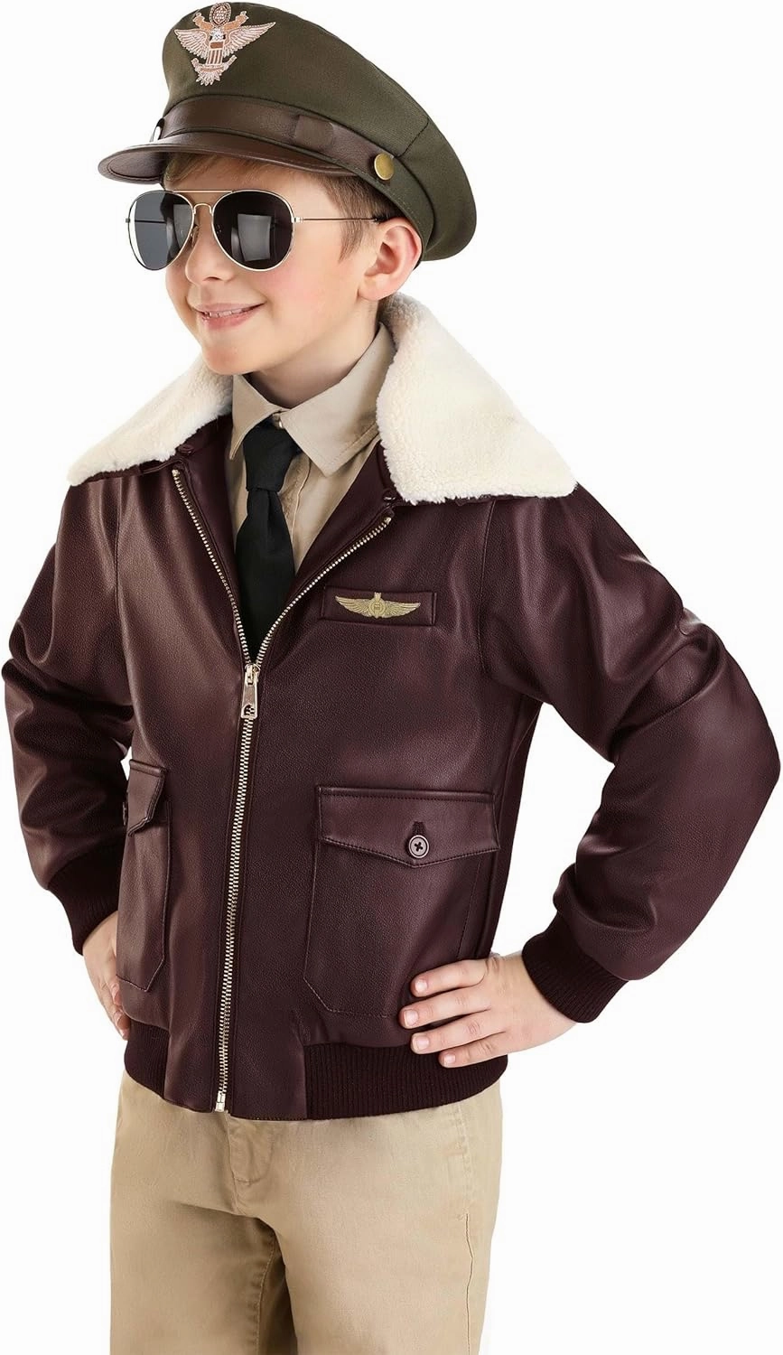 Kid's WW2 Fighter Pilot Costume Jacket and Hat - Boy's WW2 Aviator Bomber Jacket for Halloween Cosplay