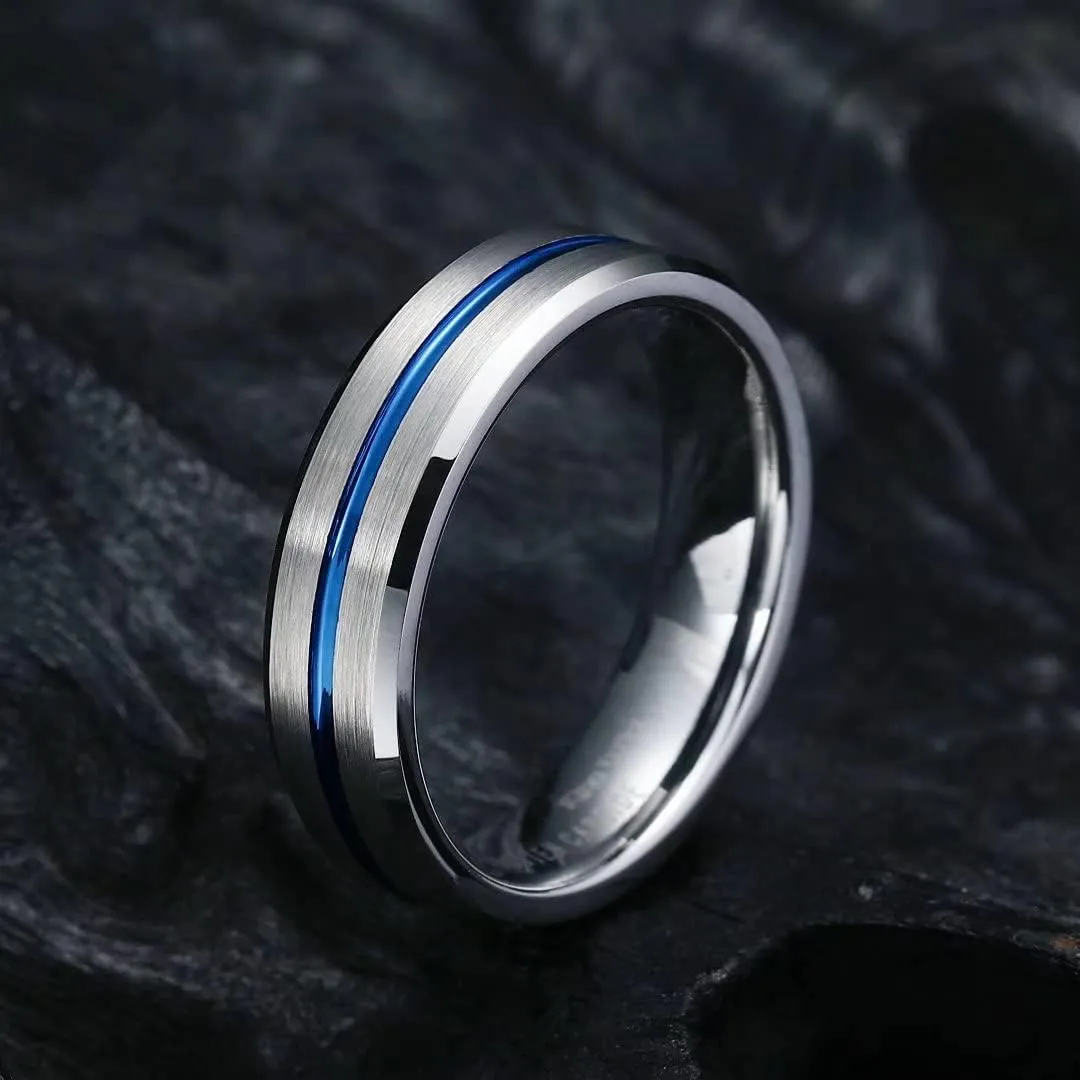 King Will Mens Grooved Tungsten Ring - Black/Silver 6mm/7mm/8mm Wedding Band, Thin Blue/Red/Purple/Rose Gold/Green/Orange/Pink Centre Groove, Matte Brushed Finish Beveled Edge, Comfort Fit Size 4-16