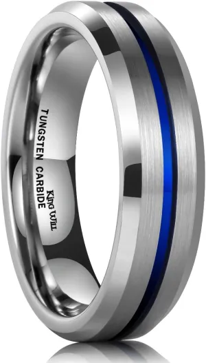 King Will Mens Grooved Tungsten Ring - Black/Silver 6mm/7mm/8mm Wedding Band, Thin Blue/Red/Purple/Rose Gold/Green/Orange/Pink Centre Groove, Matte Brushed Finish Beveled Edge, Comfort Fit Size 4-16
