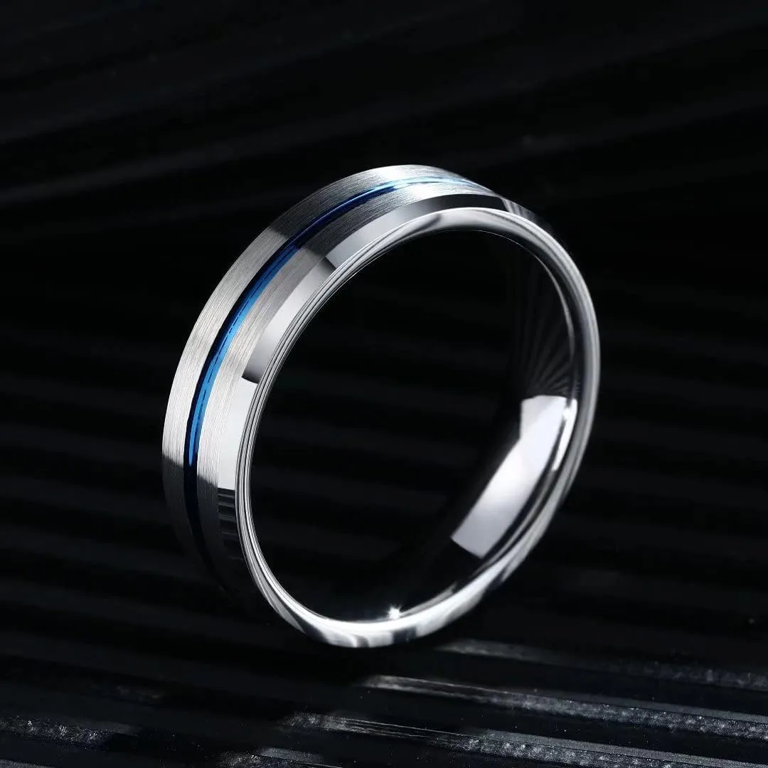 King Will Mens Grooved Tungsten Ring - Black/Silver 6mm/7mm/8mm Wedding Band, Thin Blue/Red/Purple/Rose Gold/Green/Orange/Pink Centre Groove, Matte Brushed Finish Beveled Edge, Comfort Fit Size 4-16
