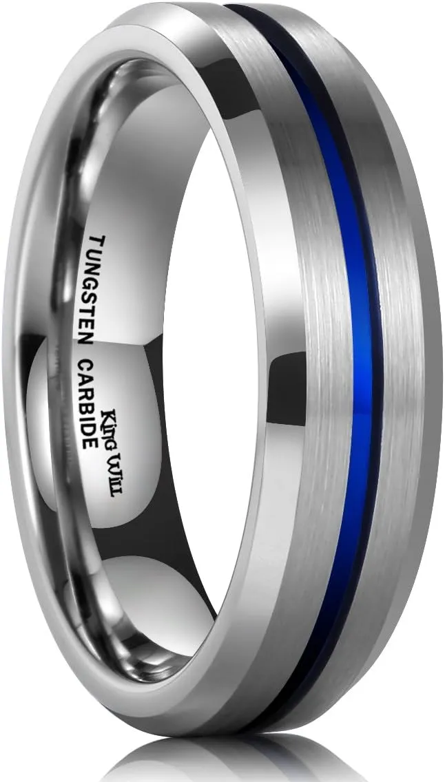King Will Mens Grooved Tungsten Ring - Black/Silver 6mm/7mm/8mm Wedding Band, Thin Blue/Red/Purple/Rose Gold/Green/Orange/Pink Centre Groove, Matte Brushed Finish Beveled Edge, Comfort Fit Size 4-16