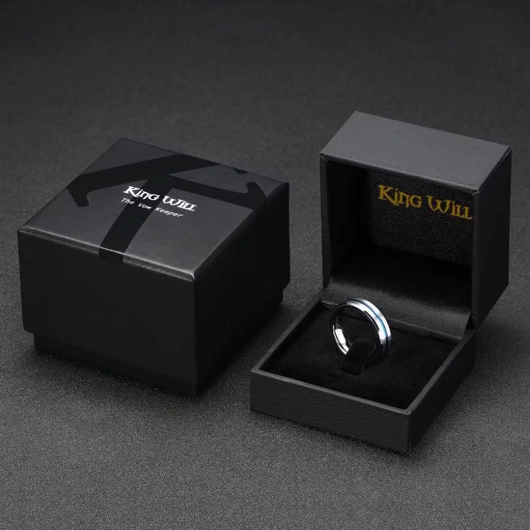 King Will Mens Grooved Tungsten Ring - Black/Silver 6mm/7mm/8mm Wedding Band, Thin Blue/Red/Purple/Rose Gold/Green/Orange/Pink Centre Groove, Matte Brushed Finish Beveled Edge, Comfort Fit Size 4-16