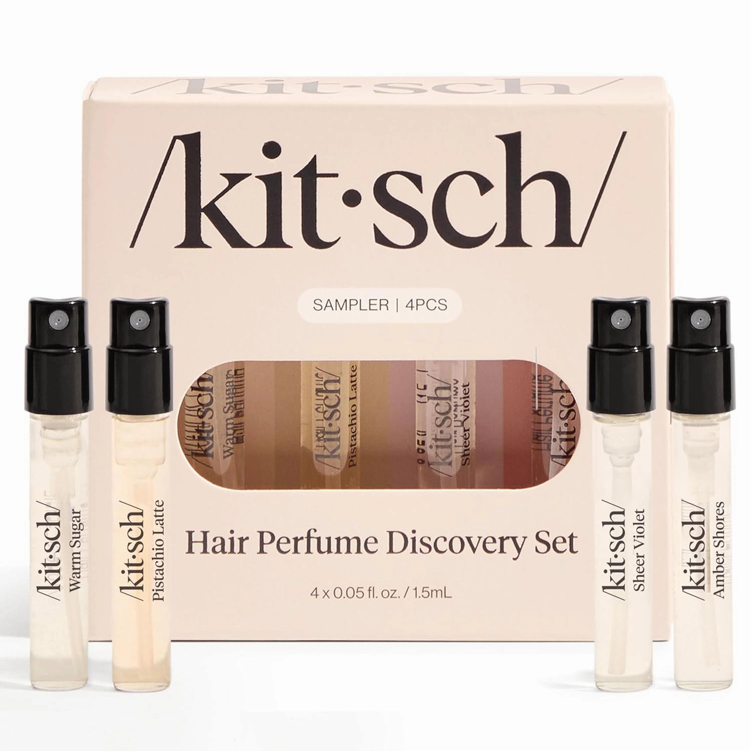Kitsch Hair Perfume For Women (Discovery Set) - Pistachio Latte, Warm Sugar, Sheer Violet & Amber Waves - Patented Odor-Eliminating Technology, Body Mist - Freshen Hair, Body & Pillows - 4x1.5mL