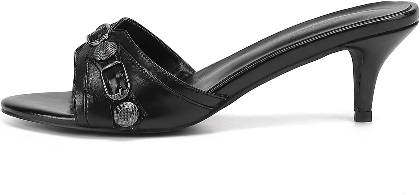 Kluolandi Women's Stiletto Heel Mules Sandals Studded Open Toe Slip On Kitten Heels Fashion Wedding Dress Slipper Slide