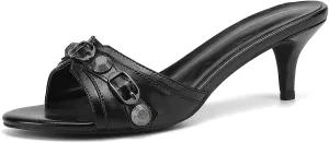 Kluolandi Women's Stiletto Heel Mules Sandals Studded Open Toe Slip On Kitten Heels Fashion Wedding Dress Slipper Slide