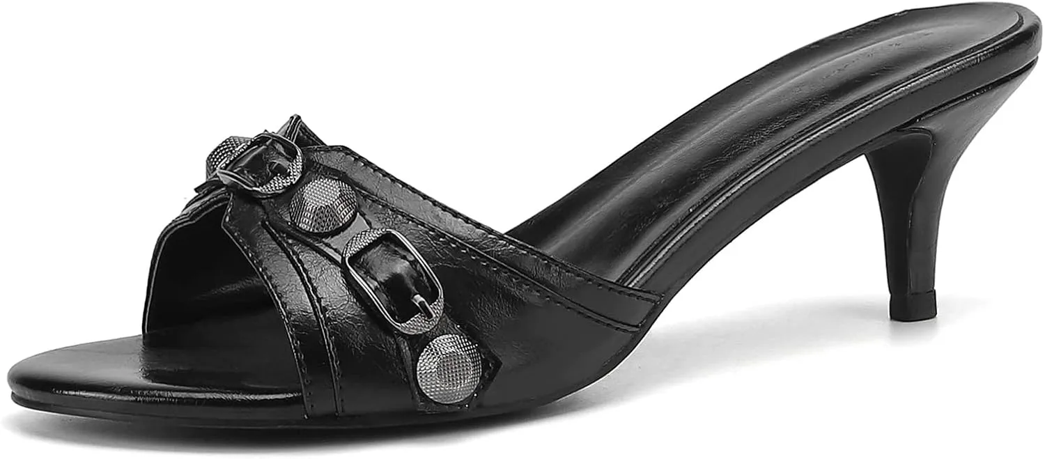 Kluolandi Women's Stiletto Heel Mules Sandals Studded Open Toe Slip On Kitten Heels Fashion Wedding Dress Slipper Slide