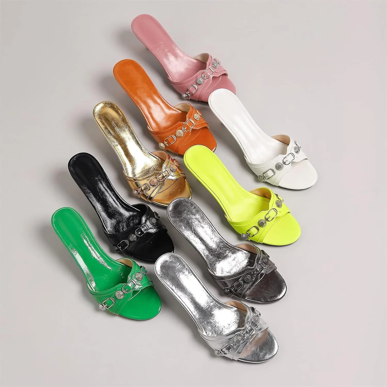 Kluolandi Women's Stiletto Heel Mules Sandals Studded Open Toe Slip On Kitten Heels Fashion Wedding Dress Slipper Slide