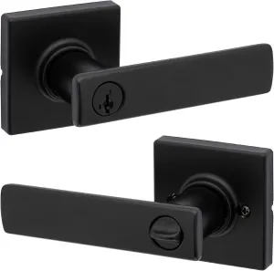 Kwikset Breton Entry Door Handle with Lock and Key, Secure Keyed Reversible Lever Exterior, For Front Entrance and Bedrooms, Matte Black , Pick Resistant Smartkey Rekey Security and Microban