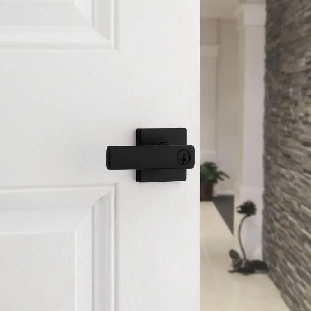 Kwikset Breton Entry Door Handle with Lock and Key, Secure Keyed Reversible Lever Exterior, For Front Entrance and Bedrooms, Matte Black , Pick Resistant Smartkey Rekey Security and Microban