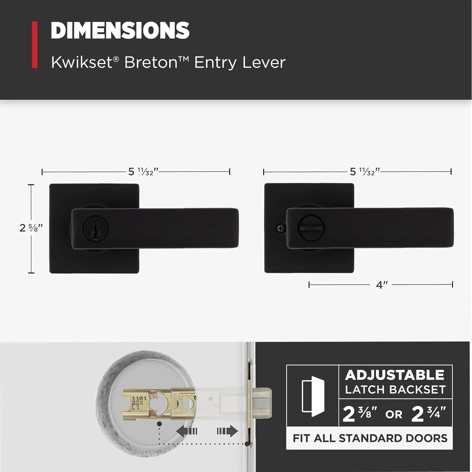 Kwikset Breton Entry Door Handle with Lock and Key, Secure Keyed Reversible Lever Exterior, For Front Entrance and Bedrooms, Matte Black , Pick Resistant Smartkey Rekey Security and Microban
