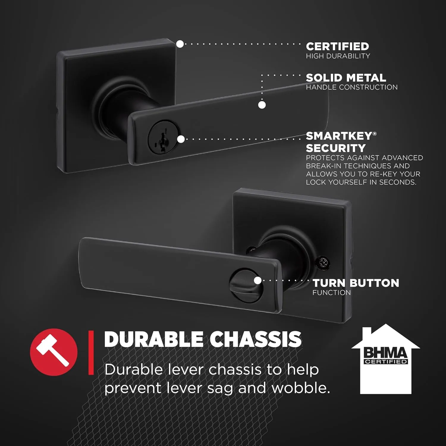 Kwikset Breton Entry Door Handle with Lock and Key, Secure Keyed Reversible Lever Exterior, For Front Entrance and Bedrooms, Matte Black , Pick Resistant Smartkey Rekey Security and Microban