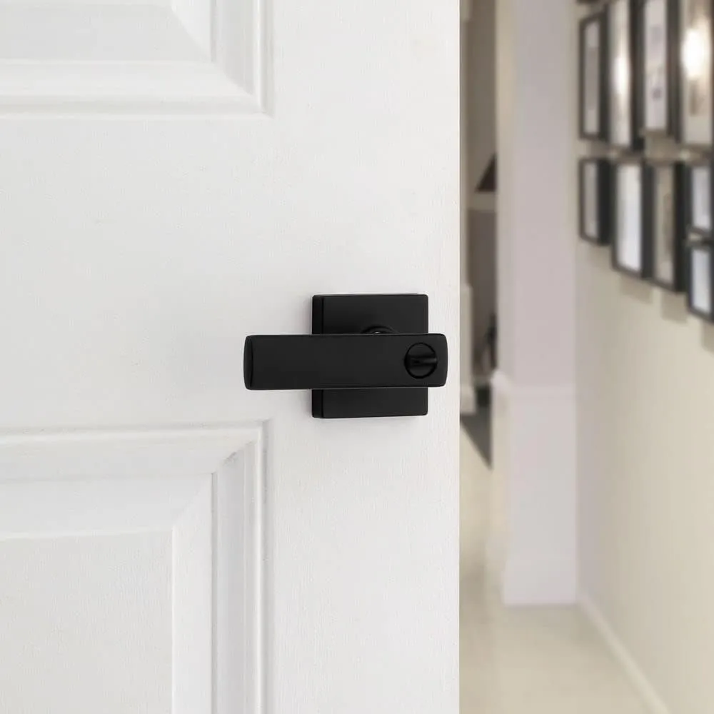 Kwikset Breton Interior Privacy Door Handle with Lock, Door Lever For Bathroom and Bedroom, Matte Black Reversible Keyless Turn Lock, with Microban Protection