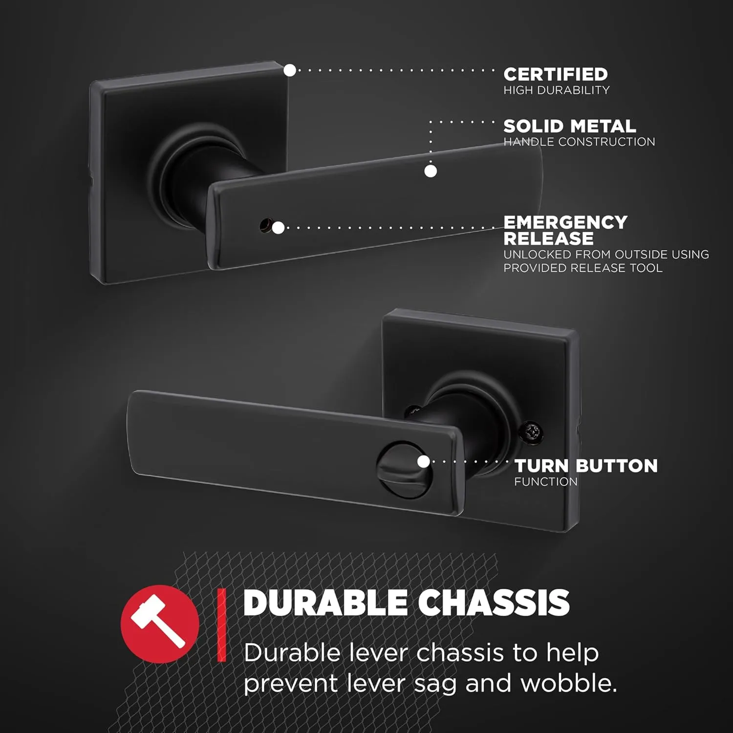 Kwikset Breton Interior Privacy Door Handle with Lock, Door Lever For Bathroom and Bedroom, Matte Black Reversible Keyless Turn Lock, with Microban Protection