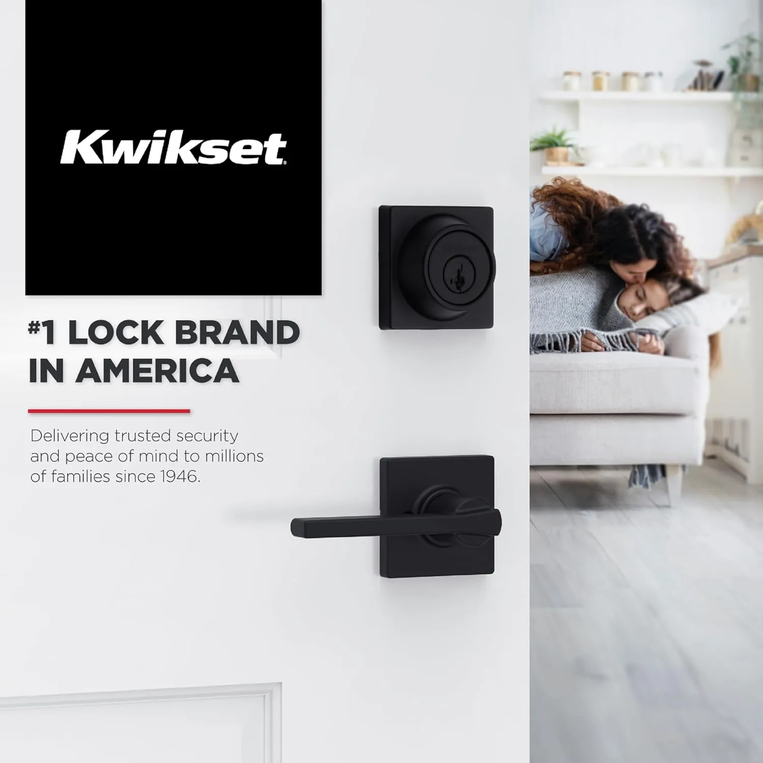 Kwikset Breton Interior Privacy Door Handle with Lock, Door Lever For Bathroom and Bedroom, Matte Black Reversible Keyless Turn Lock, with Microban Protection