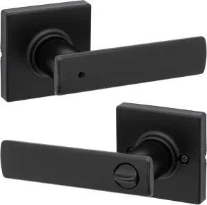 Kwikset Breton Interior Privacy Door Handle with Lock, Door Lever For Bathroom and Bedroom, Matte Black Reversible Keyless Turn Lock, with Microban Protection