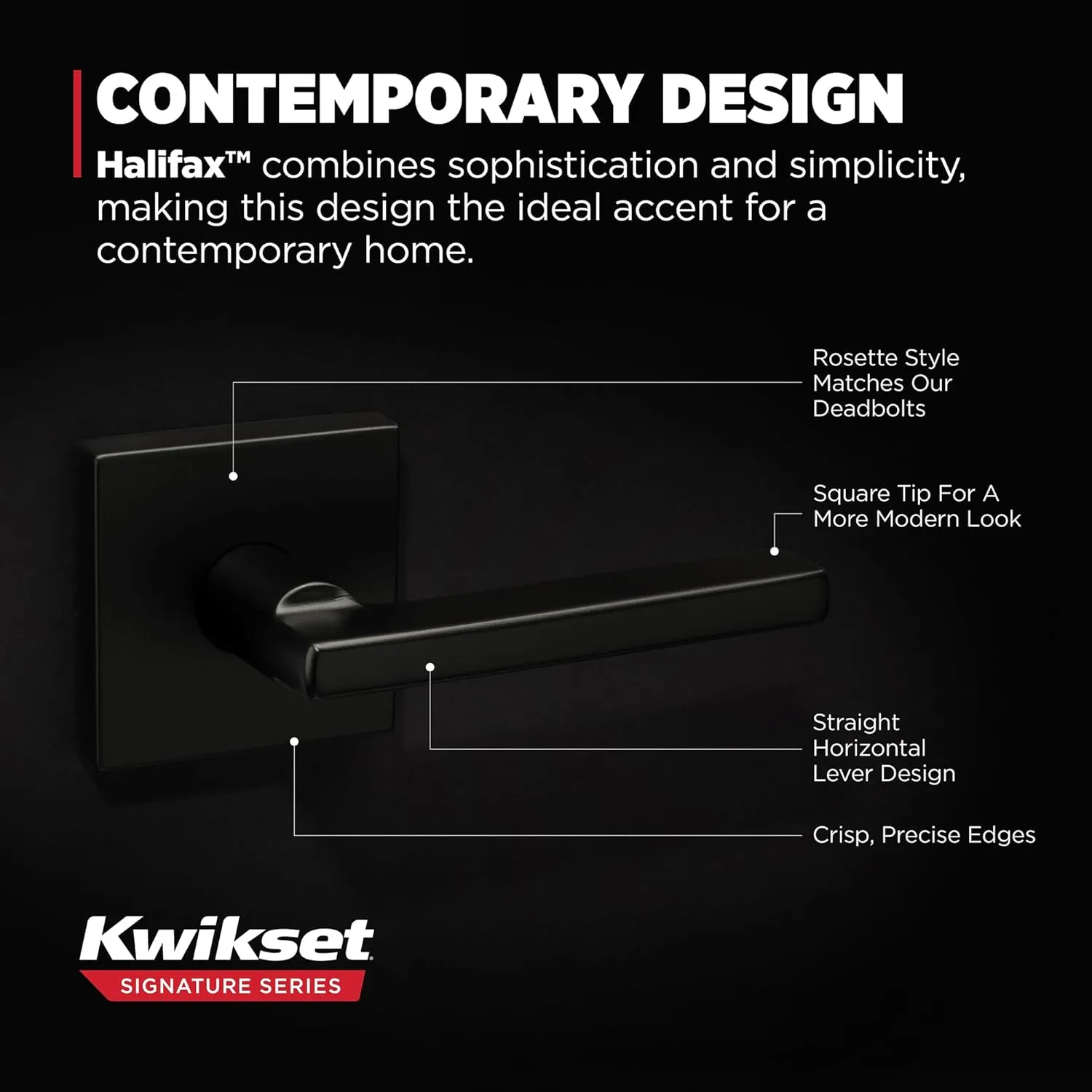 Kwikset Halifax Interior Passage Door Handle, Lever For Closet and Hallway Doors, Reversible Non-Locking Handle Lever, Matte Black, with Microban Protection, Square Rose