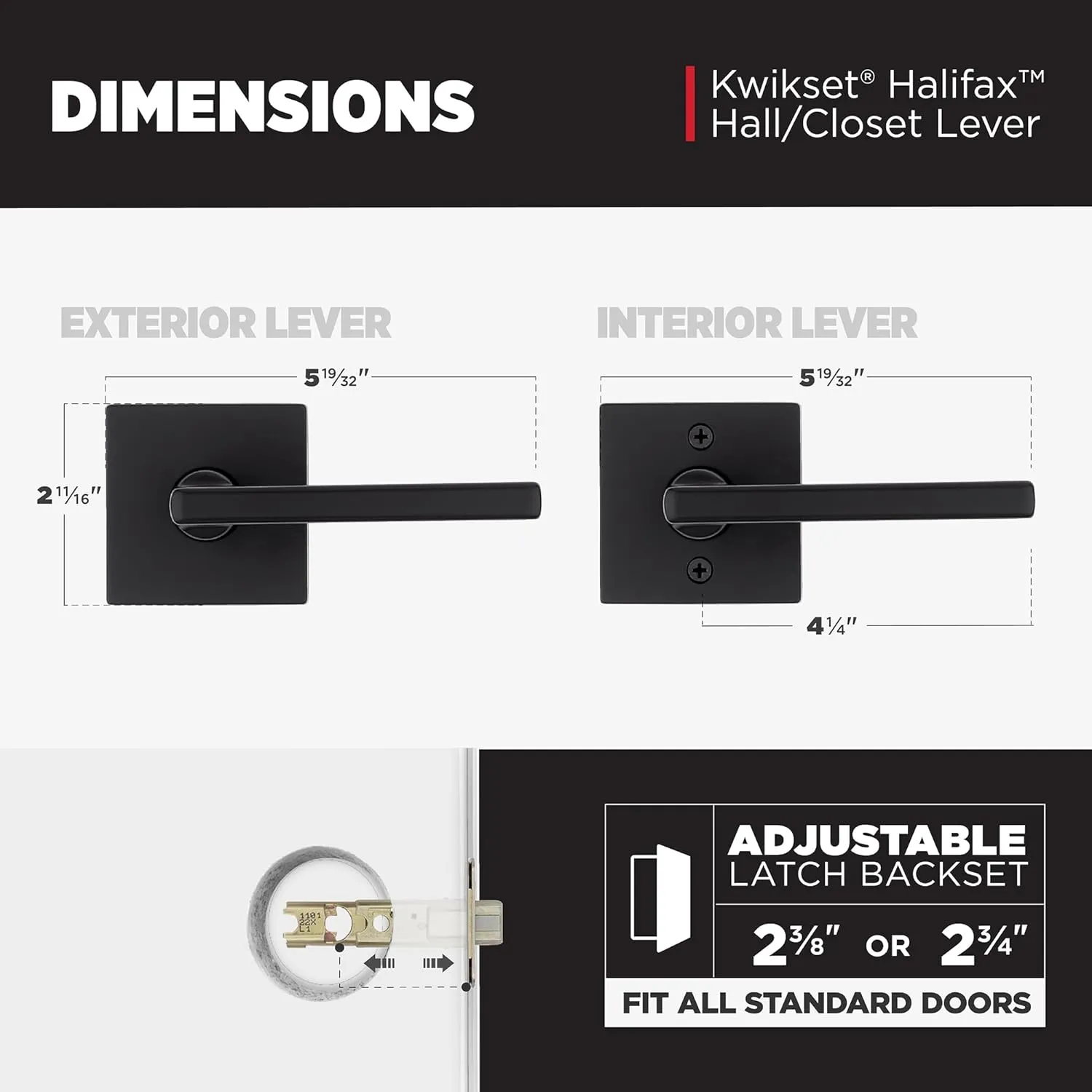 Kwikset Halifax Interior Passage Door Handle, Lever For Closet and Hallway Doors, Reversible Non-Locking Handle Lever, Matte Black, with Microban Protection, Square Rose
