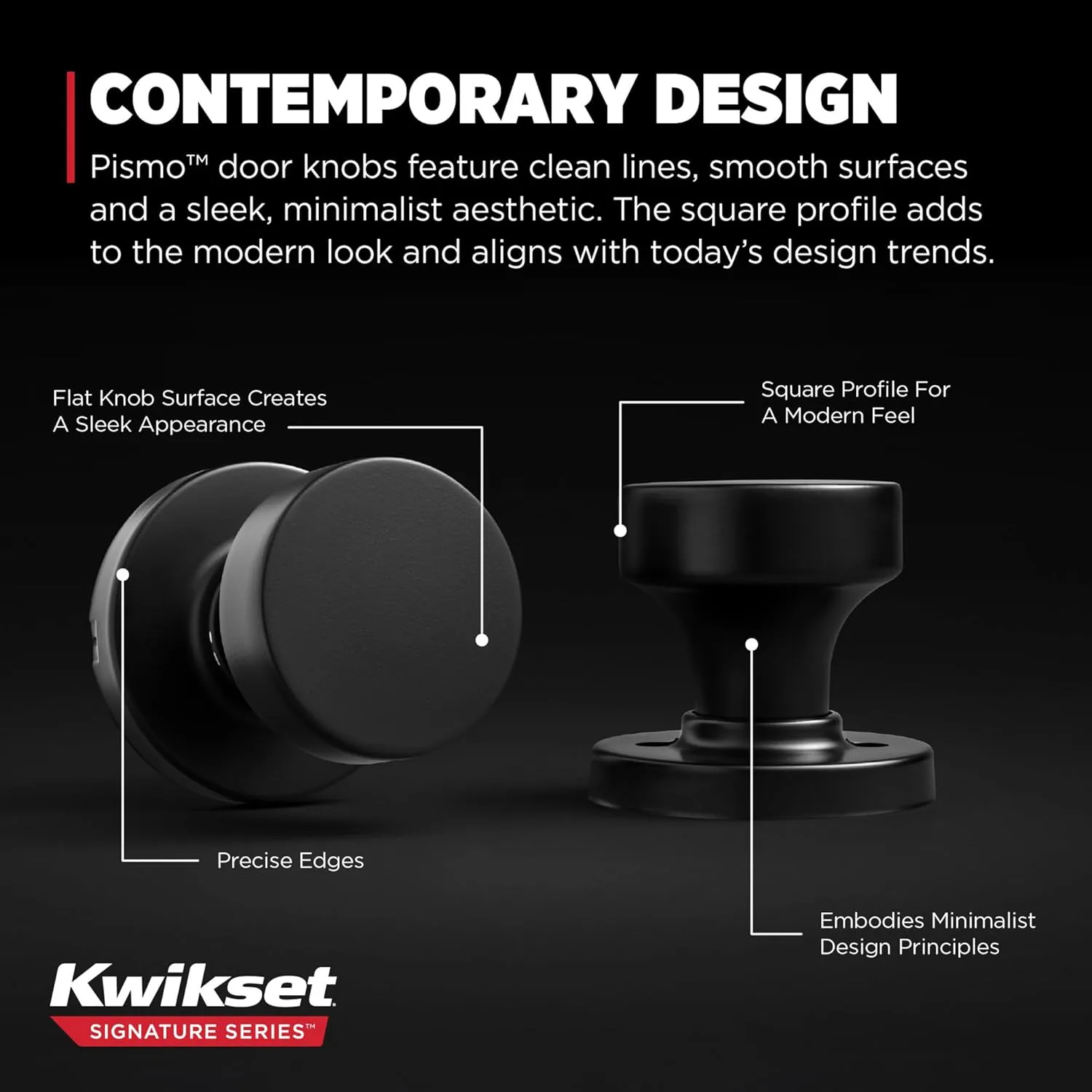 Kwikset Pismo Interior Passage Door Knob, Handle For Closet and Hallway Doors, Non-Locking Doorknob in Matte Black, with Microban Protection