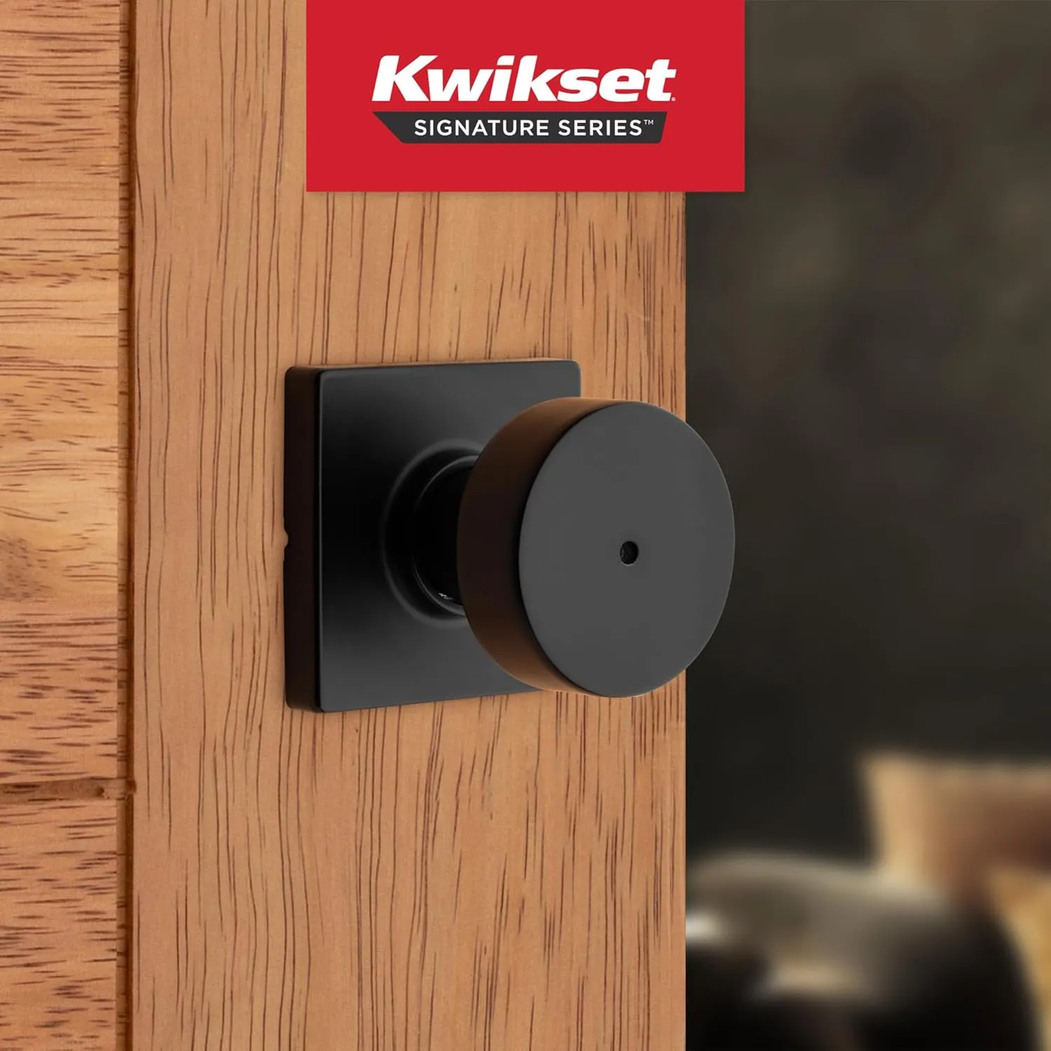 Kwikset Pismo Interior Privacy Door Knob with Lock, Door Handle For Bathroom and Bedroom, Matte Black Keyless Turn Lock Doorknob, with Microban Protection, Square Rose