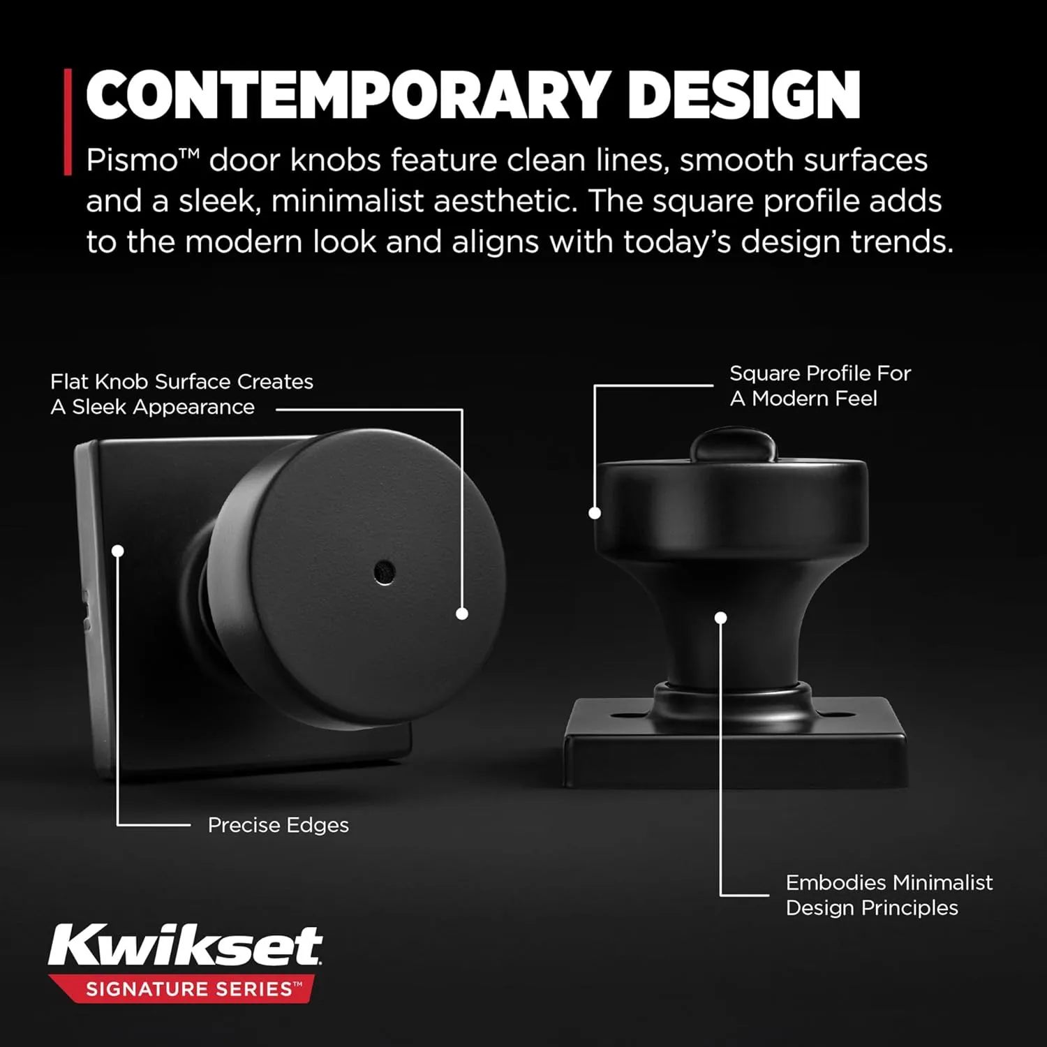 Kwikset Pismo Interior Privacy Door Knob with Lock, Door Handle For Bathroom and Bedroom, Matte Black Keyless Turn Lock Doorknob, with Microban Protection, Square Rose