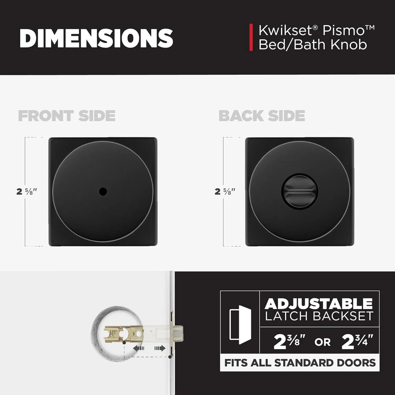 Kwikset Pismo Interior Privacy Door Knob with Lock, Door Handle For Bathroom and Bedroom, Matte Black Keyless Turn Lock Doorknob, with Microban Protection, Square Rose