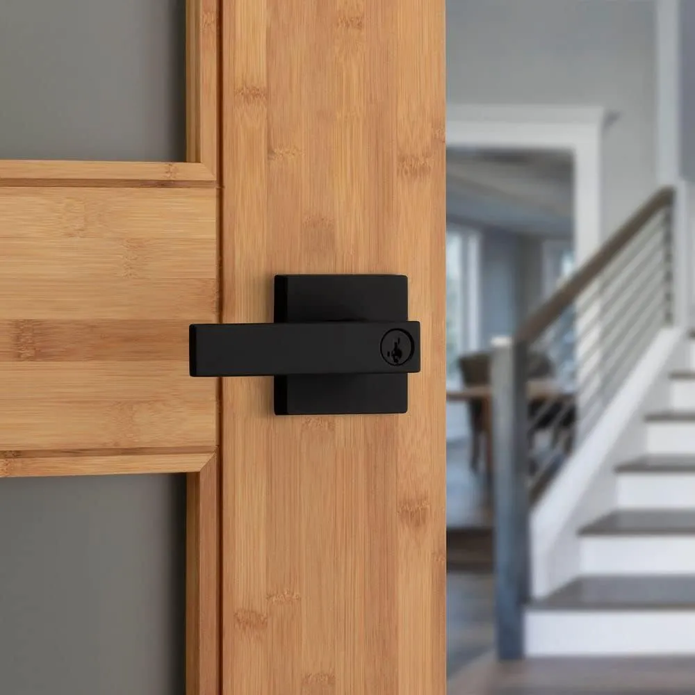 Kwikset Singapore Entry Door Handle with Lock and Key, Secure Keyed Reversible Lever Exterior, For Front Entrance and Bedrooms, Matte Black, Pick Resistant Smartkey Rekey Security and Microban