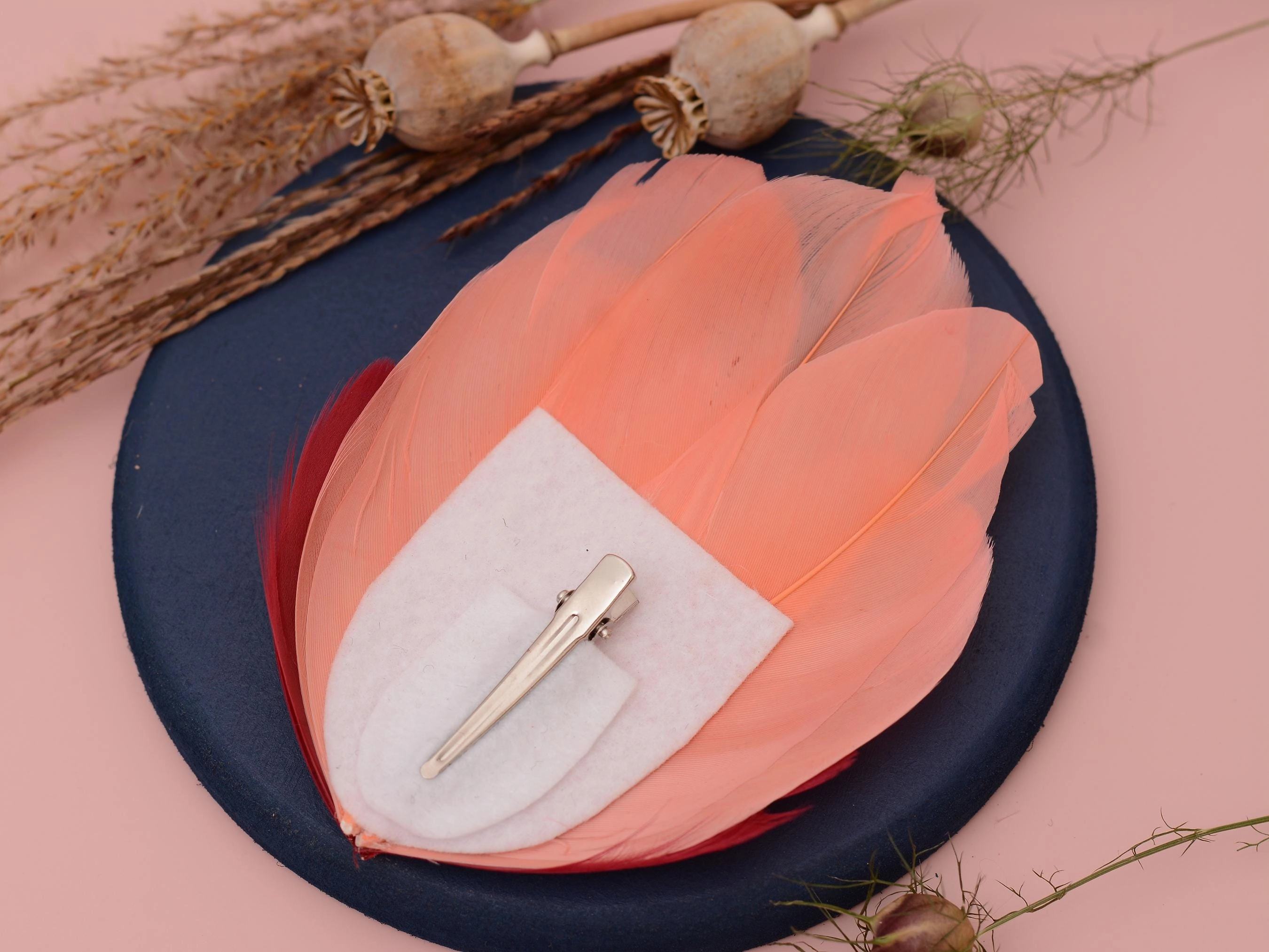 Large Feather Hair Clip in Coral Pink and Crimson No.38