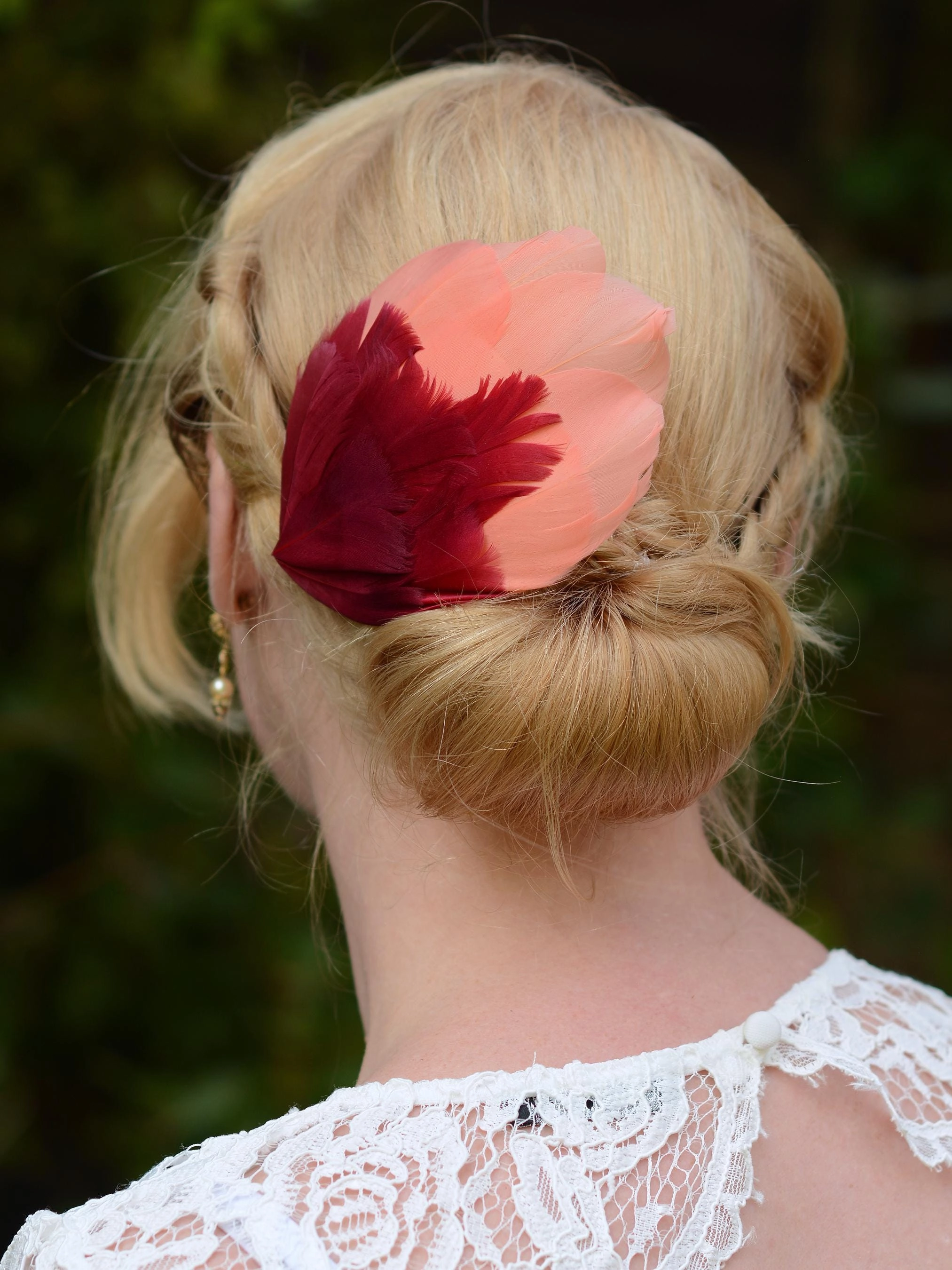 Large Feather Hair Clip in Coral Pink and Crimson No.38