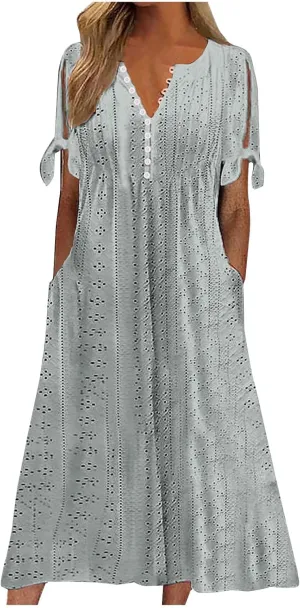 Lastesso Sundresses for Women 2025 Trendy Button Down Neck Short Sleeve Dresses with Pockets Lightweight Vacation Dresses