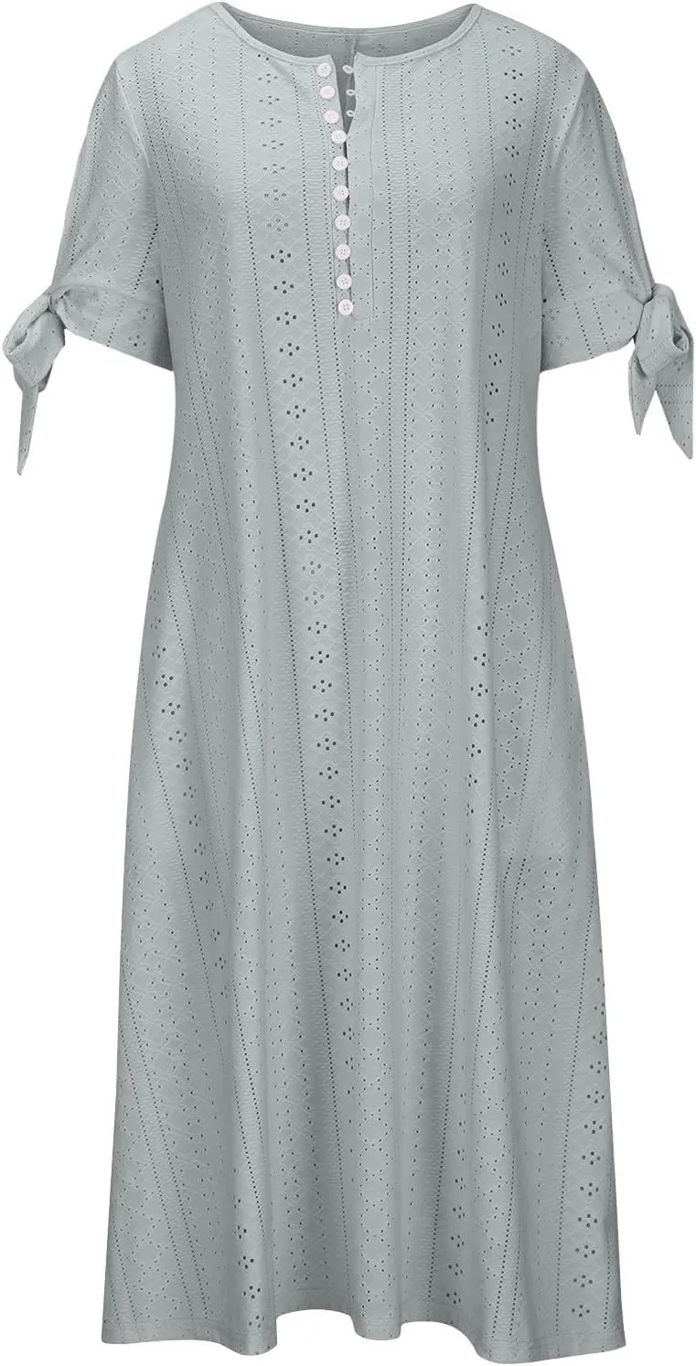 Lastesso Sundresses for Women 2025 Trendy Button Down Neck Short Sleeve Dresses with Pockets Lightweight Vacation Dresses