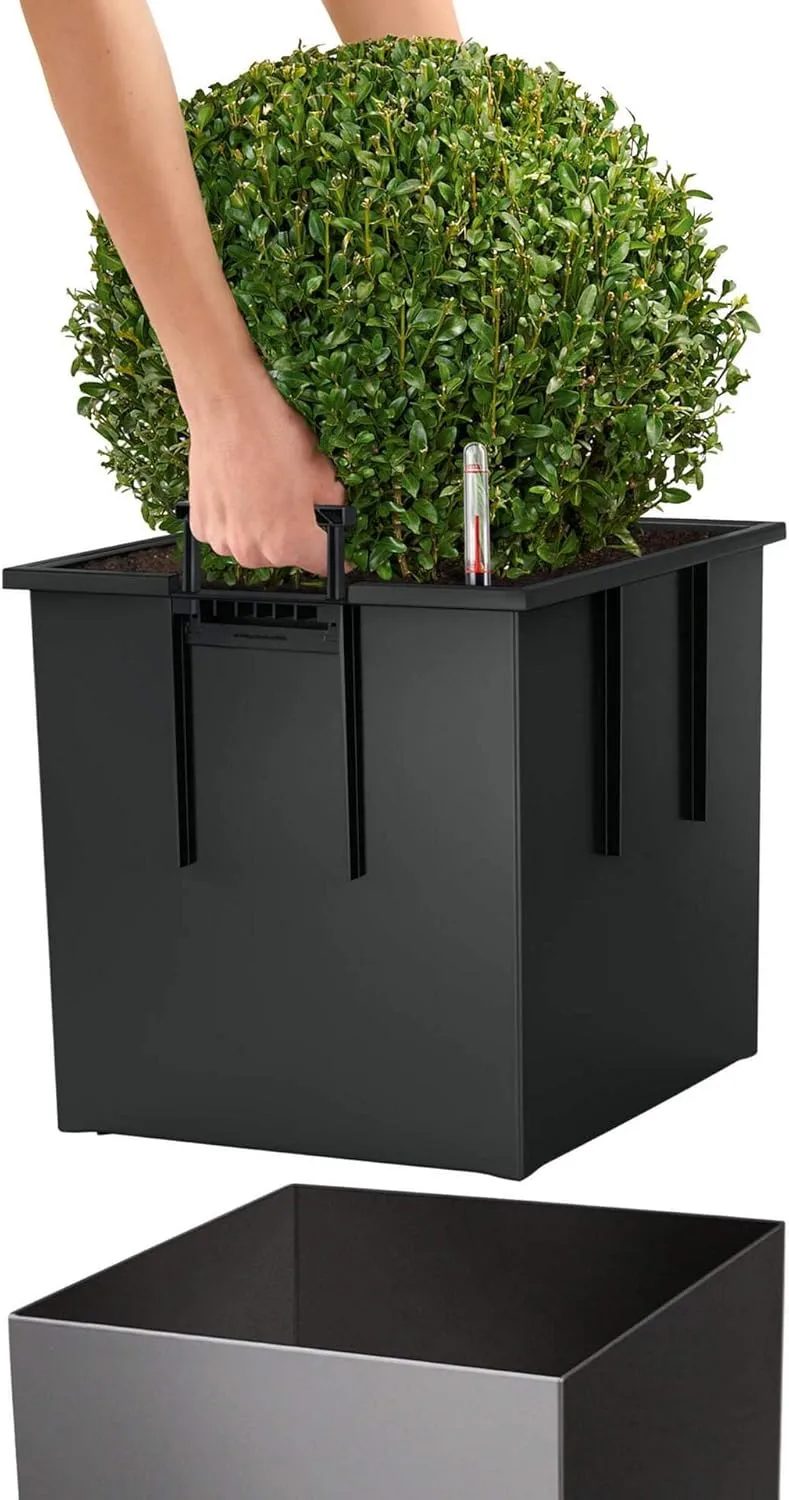 Lechuza Cube 40 Medium Flower Indoor/Outdoor Garden Floor Self-Watering Planter with Drainage Hole with Plant Substrate Contemporary Poly-Resin D40 H40 L40 W40 cm Grey 3.37 Kg
