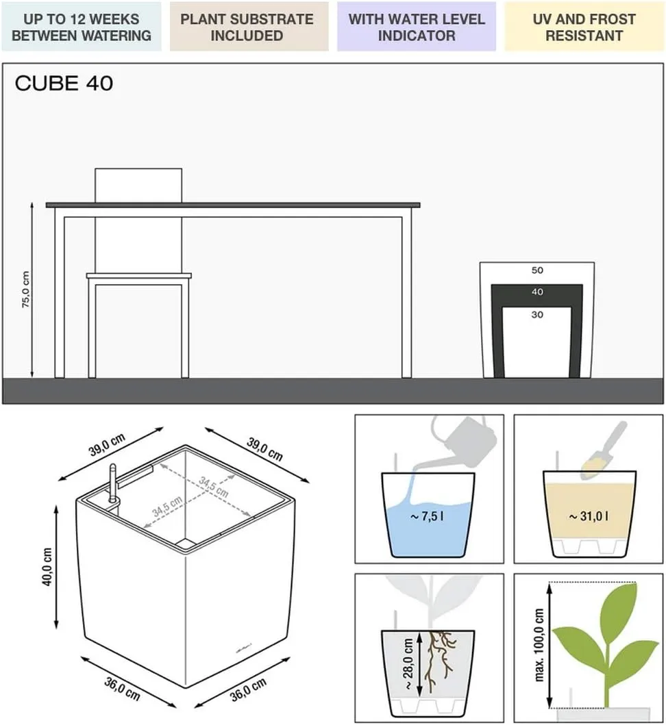 Lechuza Cube 40 Medium Flower Indoor/Outdoor Garden Floor Self-Watering Planter with Drainage Hole with Plant Substrate Contemporary Poly-Resin D40 H40 L40 W40 cm Grey 3.37 Kg