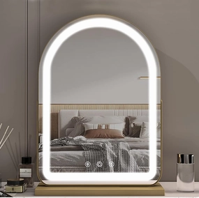 LED Light With Make-up Mirror,Desktop Led Makeup Mirror Touch Switch With 3 Color Light Adjustment HD Mirror Bedroom Living Room Bathroom Dressing Table Vanity Mirror, Gold ( Color : Gold , Size : 32x
