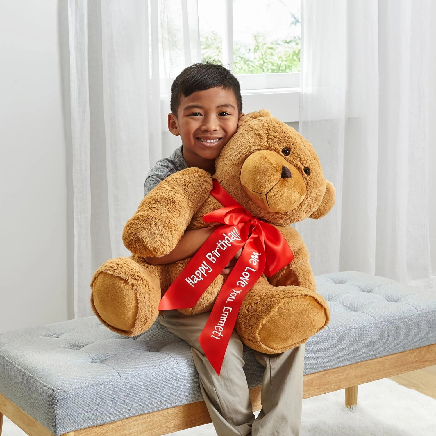 Let's Make Memories Personalized Giant Teddy Bear - Plush Stuffed Animal for Her Him Kids 6  - 27" Tall - Valentines Day Birthday Graduation Baby - Custom Text Message Names - Pink Satin Ribbon