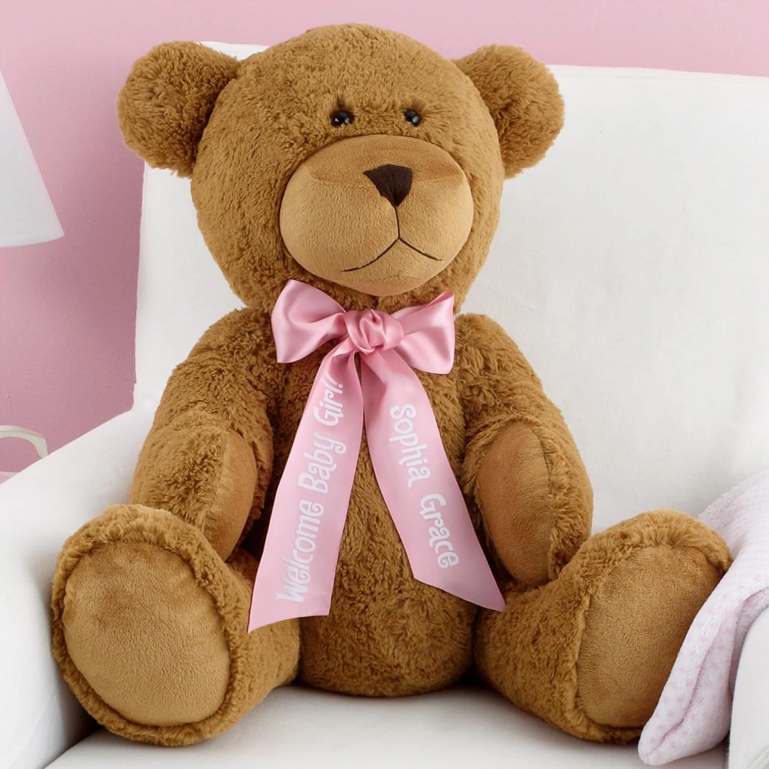 Let's Make Memories Personalized Giant Teddy Bear - Plush Stuffed Animal for Her Him Kids 6  - 27" Tall - Valentines Day Birthday Graduation Baby - Custom Text Message Names - Pink Satin Ribbon