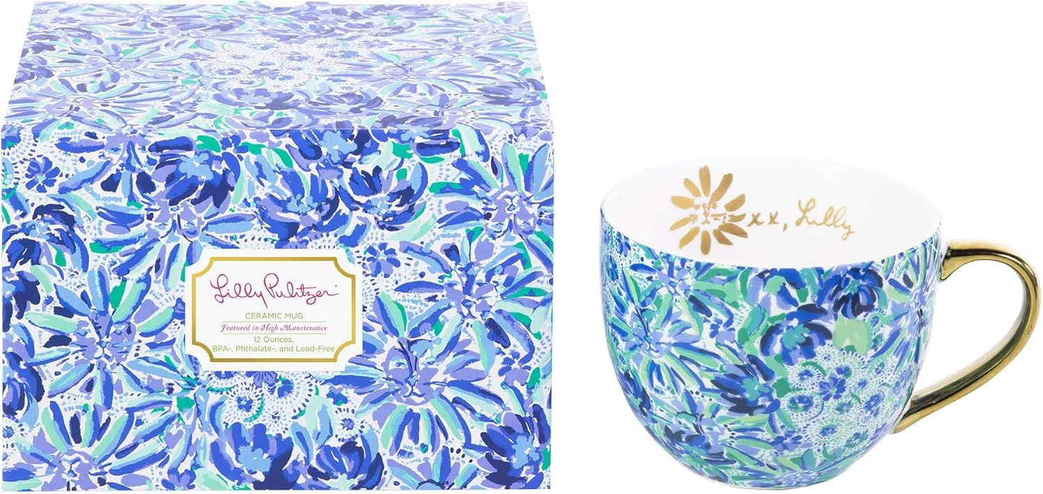 Lilly Pulitzer 12 Ounce Blue Ceramic Coffee Mug or Tea Cup, Cute Mug with Gold Handle and Gift Box, High Manetenance