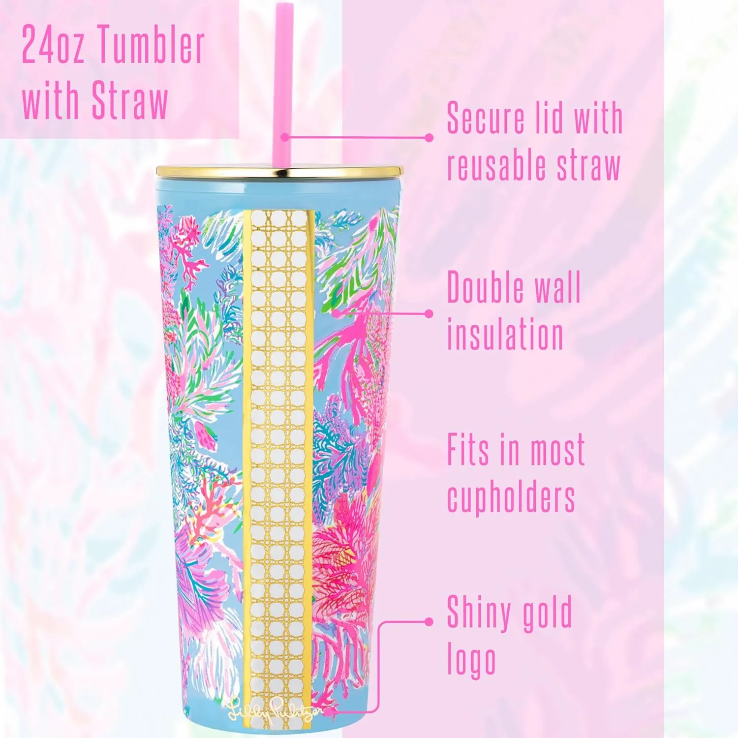 Lilly Pulitzer Double Wall Tumbler with Lid and Reusable Straw, Insulated Travel Cup Holds 24 Ounces, Cay to My heart
