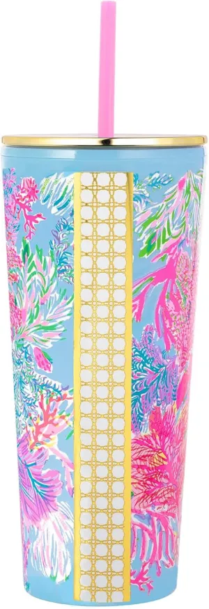 Lilly Pulitzer Double Wall Tumbler with Lid and Reusable Straw, Insulated Travel Cup Holds 24 Ounces, Cay to My heart