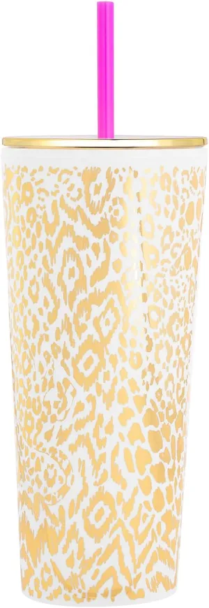 Lilly Pulitzer Double Wall Tumbler with Lid and Reusable Straw, Insulated Travel Cup Holds 24 Ounces, Pattern Play (Gold)