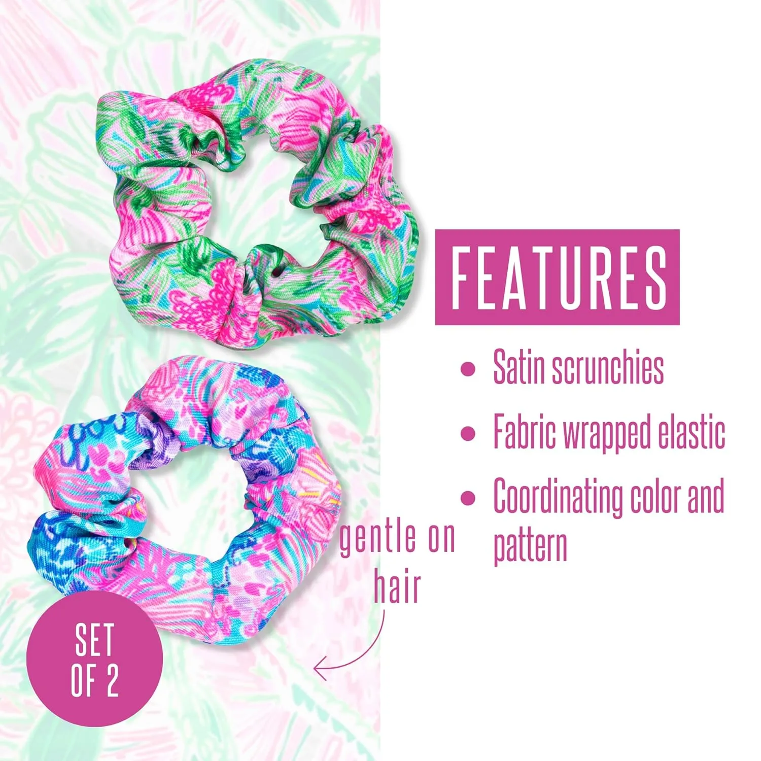 Lilly Pulitzer Scrunchie Set, 2-Pack Satin Scrunchies, Cute Hair Ties for Women and Girls, Splendor in the Sand & Coming in Hot