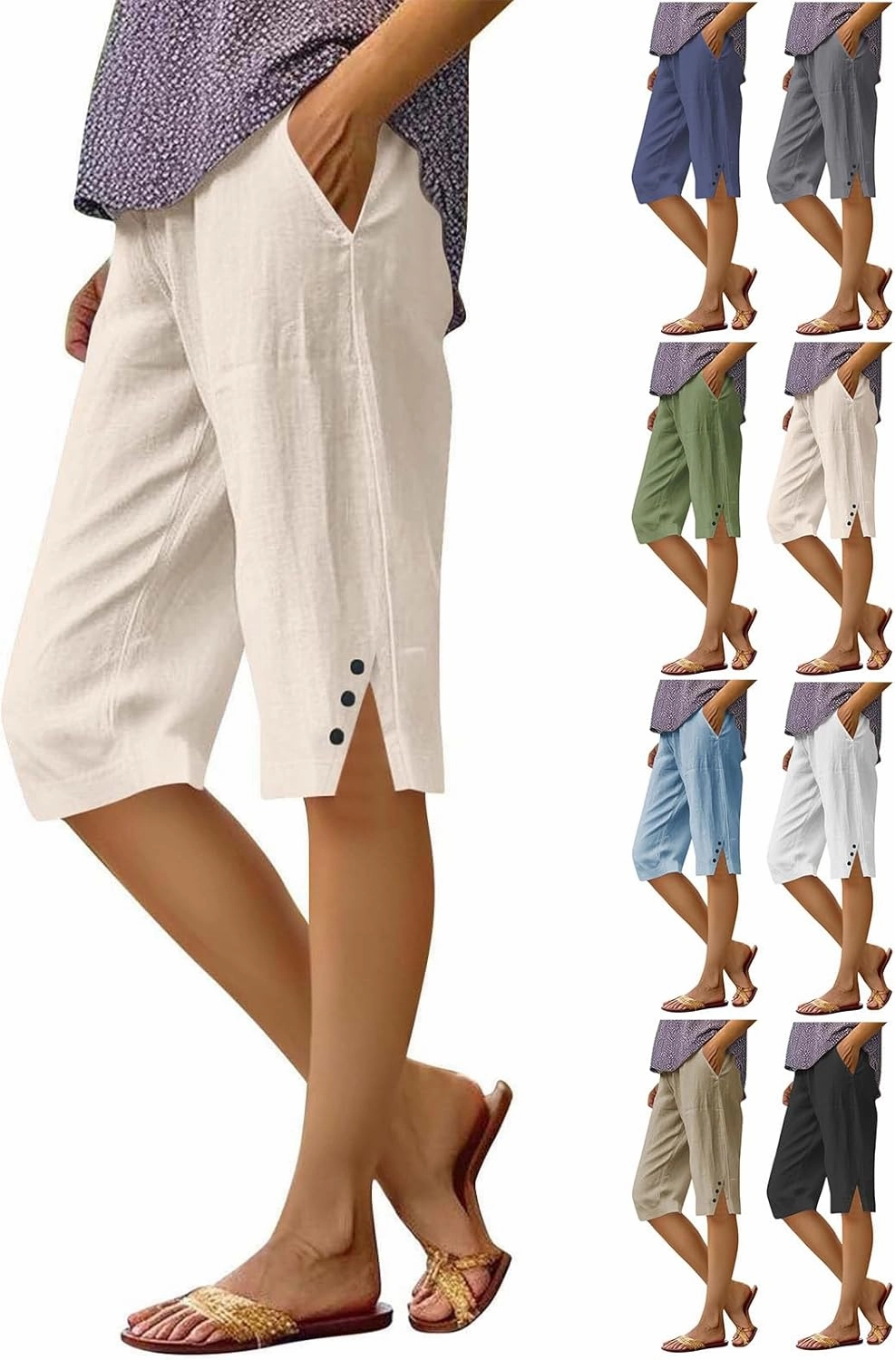 Linen Bermuda Shorts for Women Knee Length Lightweight Casual Capris Pants Ladies Summer Outfits with Pockets