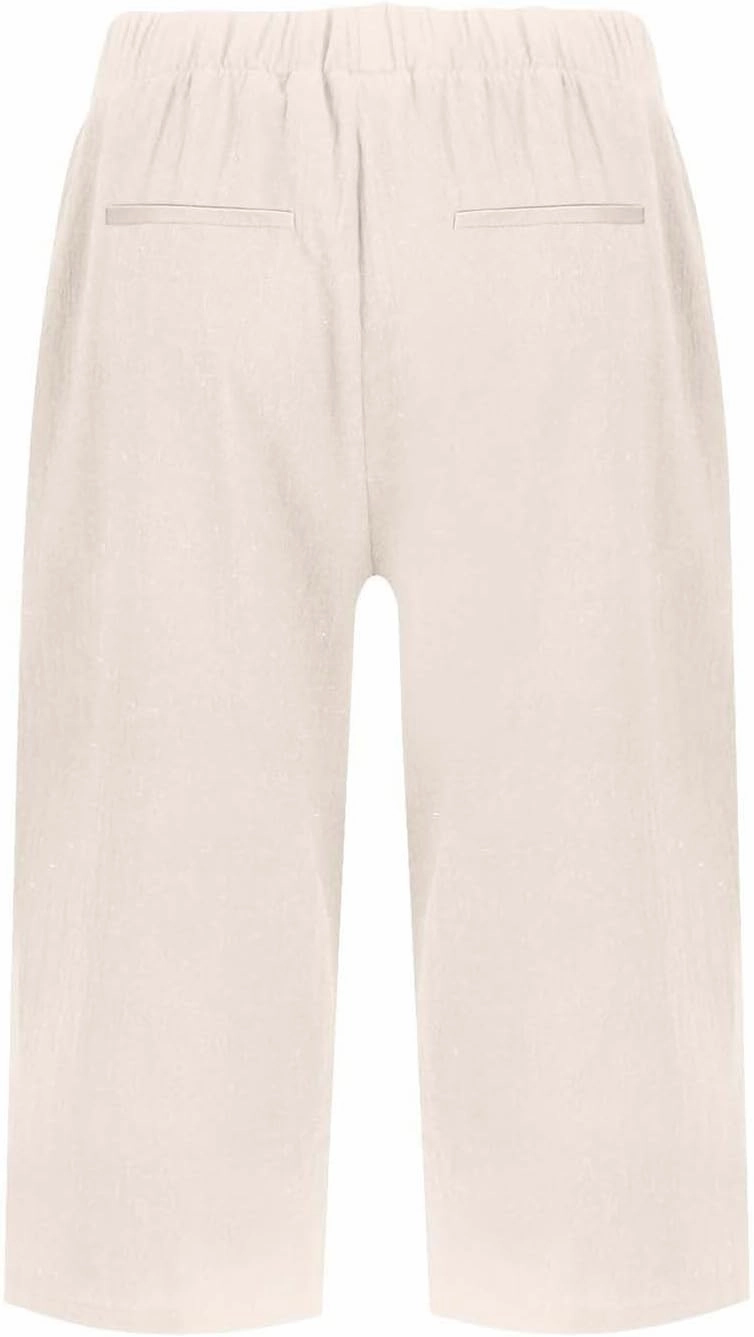 Linen Bermuda Shorts for Women Knee Length Lightweight Casual Capris Pants Ladies Summer Outfits with Pockets