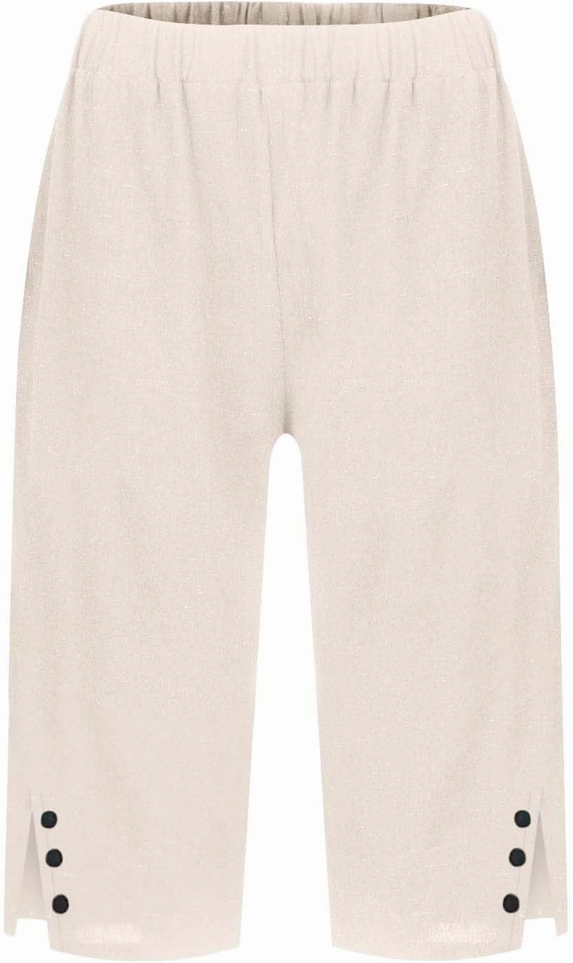 Linen Bermuda Shorts for Women Knee Length Lightweight Casual Capris Pants Ladies Summer Outfits with Pockets