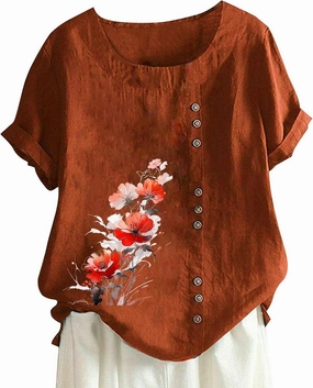 Linen Shirts for Women Summer Linen Crew Neck Shirts Button Down Short Sleeve Tunic Blouse Loose Casual Boho Top