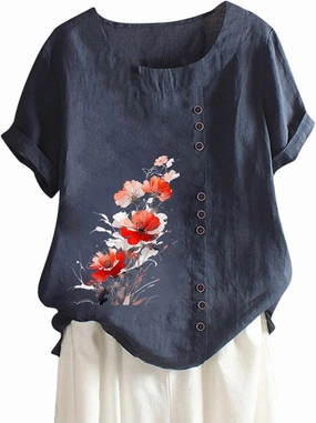 Linen Shirts for Women Summer Linen Crew Neck Shirts Button Down Short Sleeve Tunic Blouse Loose Casual Boho Top