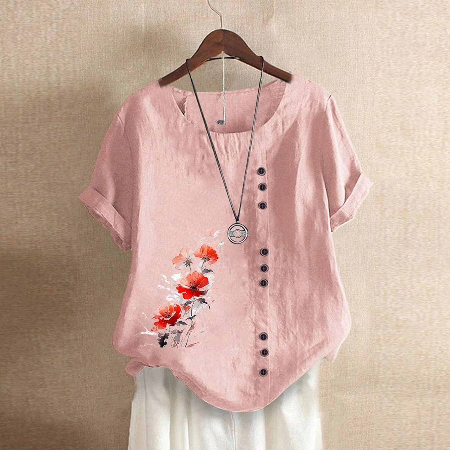 Linen Shirts for Women Summer Linen Crew Neck Shirts Button Down Short Sleeve Tunic Blouse Loose Casual Boho Top